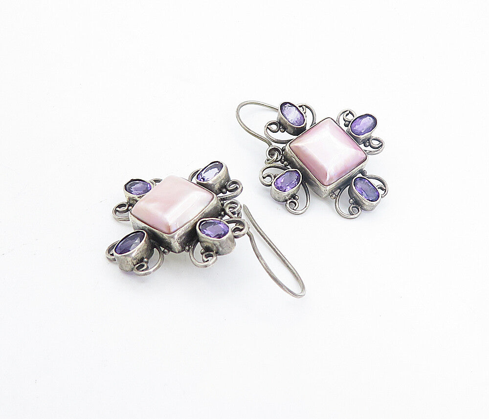 925 Sterling Silver Vintage Mother Of Pearl & Amethyst Drop Earrings EG3650