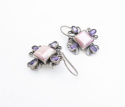 925 Sterling Silver Vintage Mother Of Pearl & Amethyst Drop Earrings EG3650