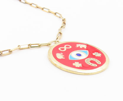 925 Sterling Silver Vintage Necklace Gold Plated CZ Good Luck Medallion  NE4928