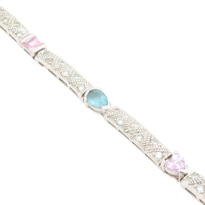 925 Sterling Silver Vintage Bracelet Multi Gemstone Geometric Panel Link BT11692