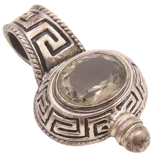 925 Sterling Silver Vintage Pendant Oval Cut Smokey Quartz Maze Carved  PT23401