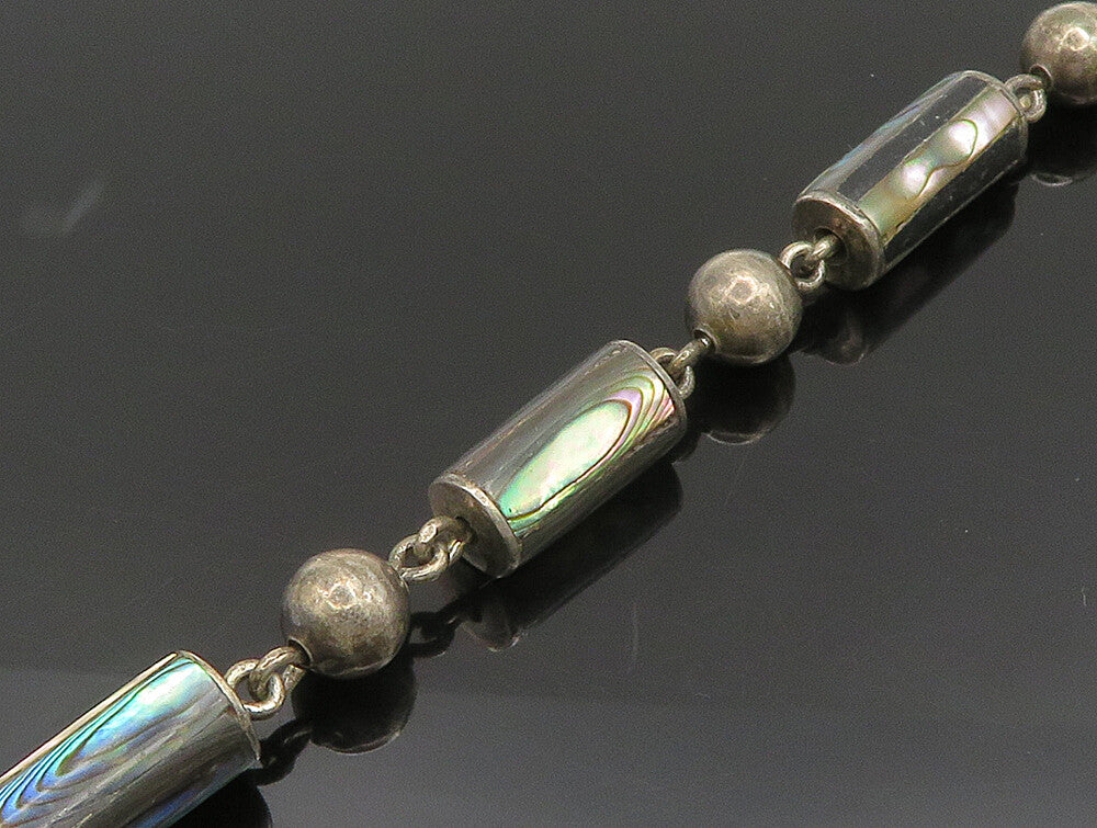 925 Sterling Silver  Vintage Bead & Abalone Cylinder Chain Necklace  NE3829