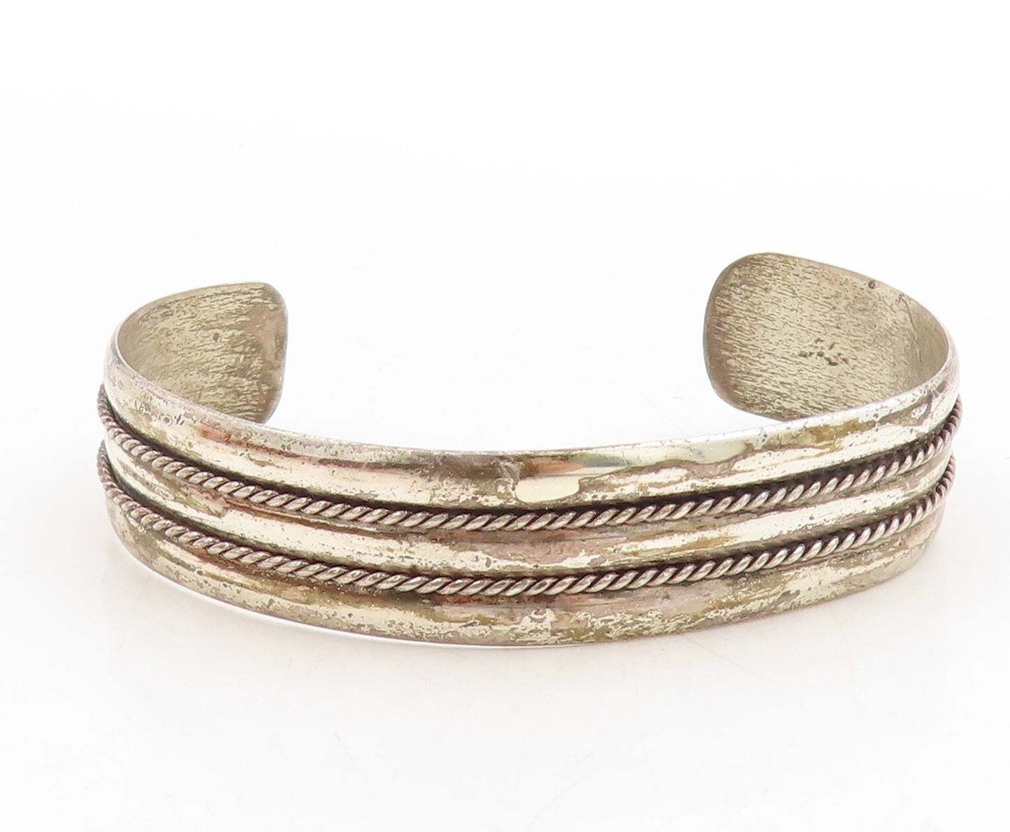 925 Sterling Silver Vintage Bracelet POST BELL Dark Tone Roped Cuff  BT10952