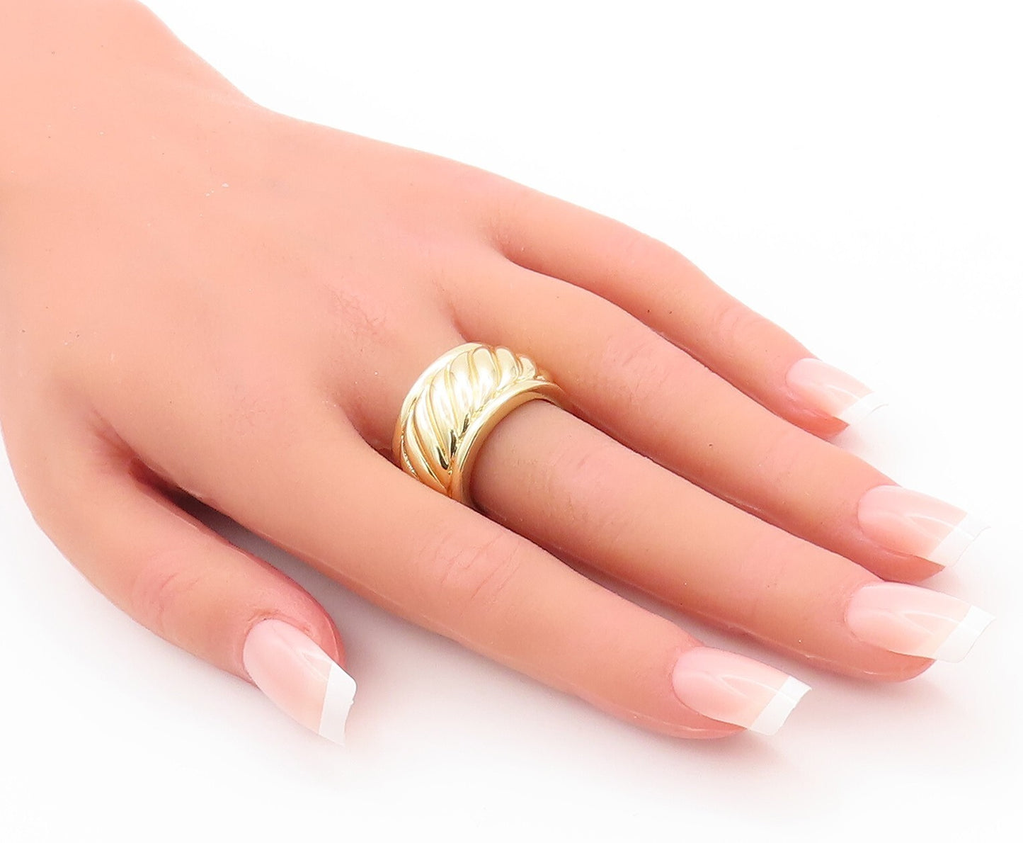 925 Sterling Silver Vintage Ring Large Gold Plated Grooved   Sz 7.5  RG28852