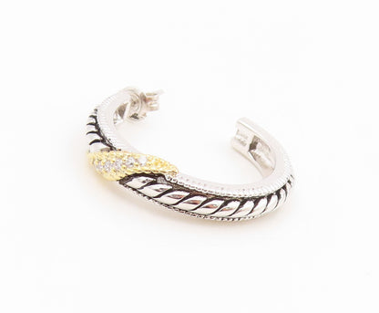 925 Sterling Silver Vintage Earrings Two Tone CZ Twisted Cable Hoops  EG14347