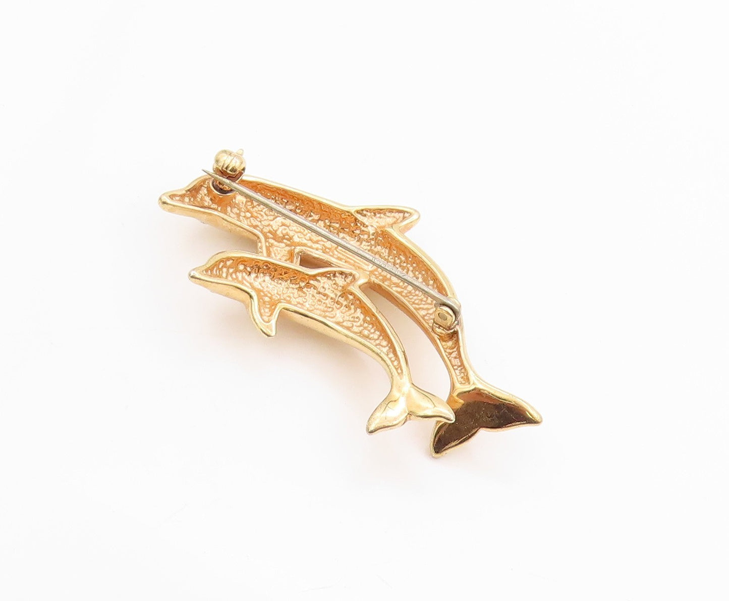 925 Sterling Silver Vintage Brooch Gold Plated CZ Dolphin Mother & Baby  BP11806