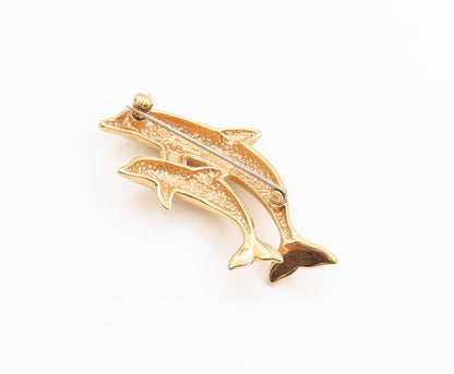 925 Sterling Silver Vintage Brooch Gold Plated CZ Dolphin Mother & Baby  BP11806