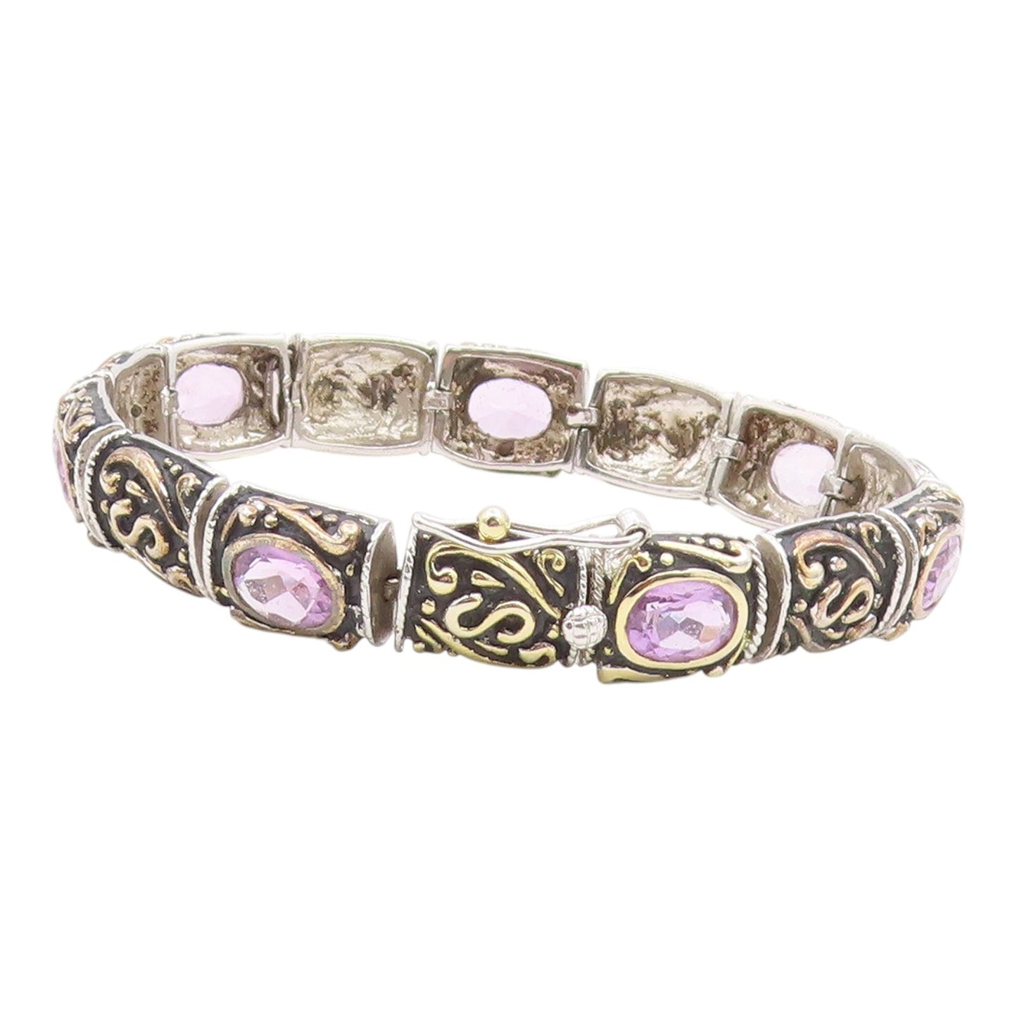925 Sterling Silver  Vintage Amethyst Two Tone Swirl Chain Bracelet  BT8484