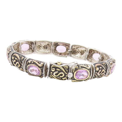 925 Sterling Silver  Vintage Amethyst Two Tone Swirl Chain Bracelet  BT8484
