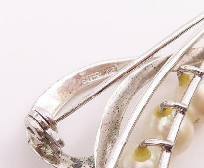 925 Sterling Silver  Vintage Shiny Pearls Love Heart Brooch Pin  BP8687