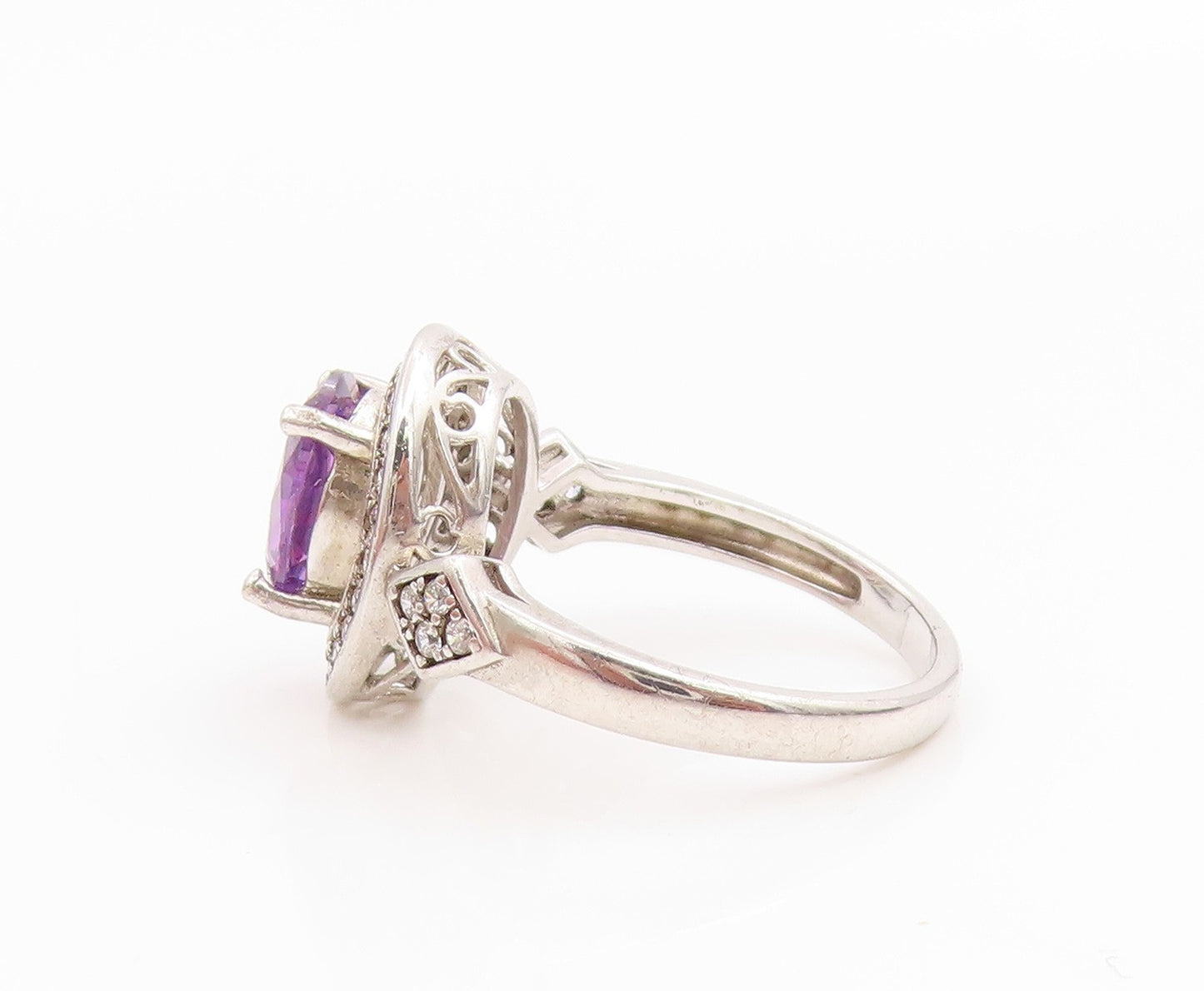 925 Sterling Silver Vintage Ring Elegant Amethyst Halo CZ Band  Sz 6  RG35826