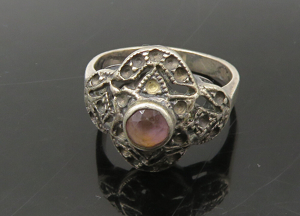 925 Sterling Silver  Vintage Amethyst Flower Dome Band Ring Sz 6  RG22065