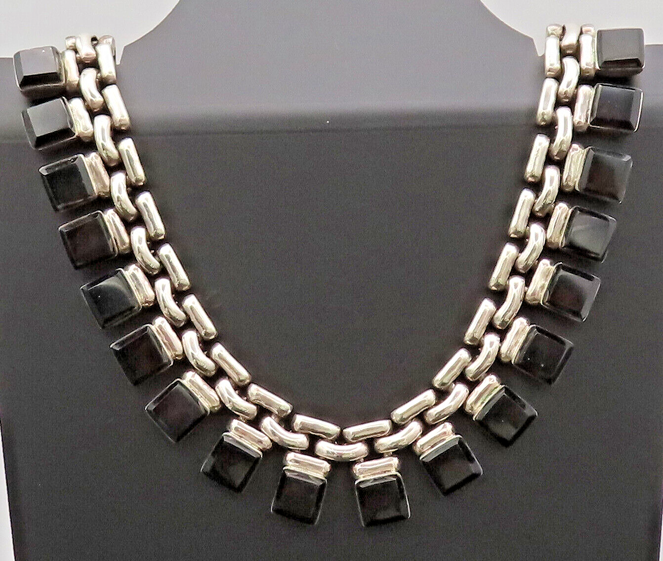 MEXICO 925 Sterling Silver Vintage Necklace Link Chain Onyx Heavy NE4206
