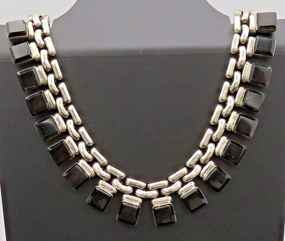 MEXICO 925 Sterling Silver Vintage Necklace Link Chain Onyx Heavy NE4206
