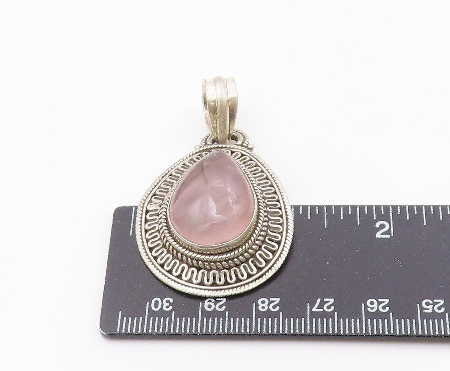925 Sterling Silver  Vintage Cabochon Cut Rose Quartz Shiny Pendant  PT13789