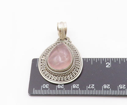 925 Sterling Silver  Vintage Cabochon Cut Rose Quartz Shiny Pendant  PT13789