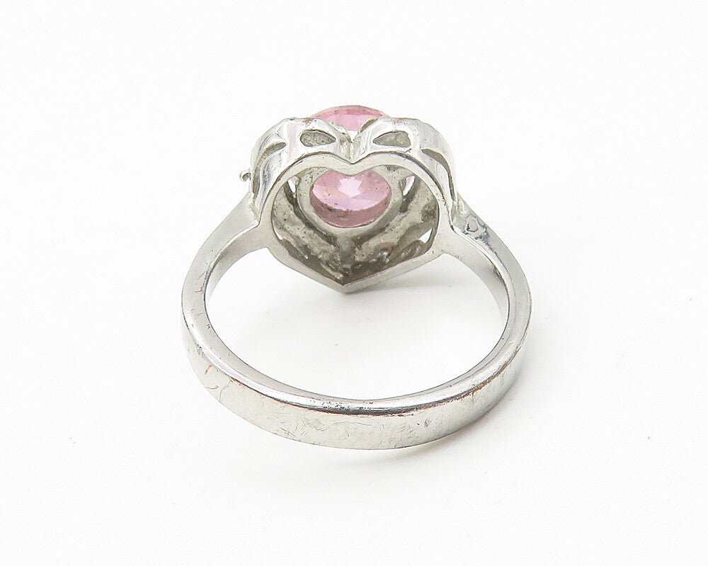 925 Sterling Silver  Pink Cubic Zirconia Heart Cocktail Ring Sz 6.25  RG10964