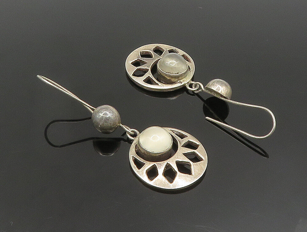 925 Sterling Silver  Vintage Cat's Eye & Ball Cut Out Dangle Earrings  EG11661