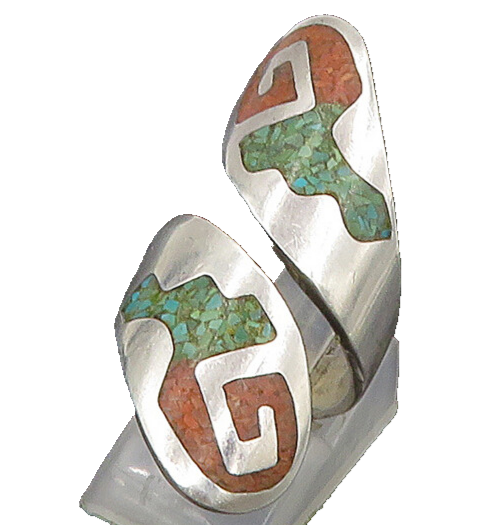 925 Silver  Vintage Crushed Coral & Turquoise Bypass Band Ring Sz 7  RG24095