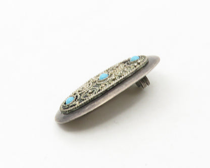 ISRAEL 925 Sterling Silver  Vintage Turquoise Ornate Twist Brooch Pin  BP7261