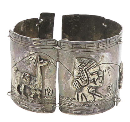 925 Sterling Silver  Vintage Oxidized Storyteller Panel Chain Bracelet  BT7002