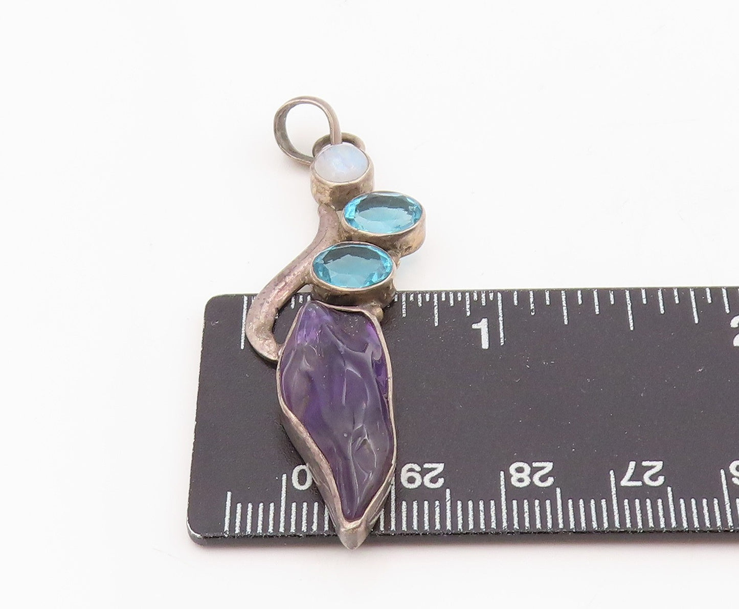 925 Sterling Silver Vintage Pendant Blue Topaz & Amethyst Leaf Drop  PT25572