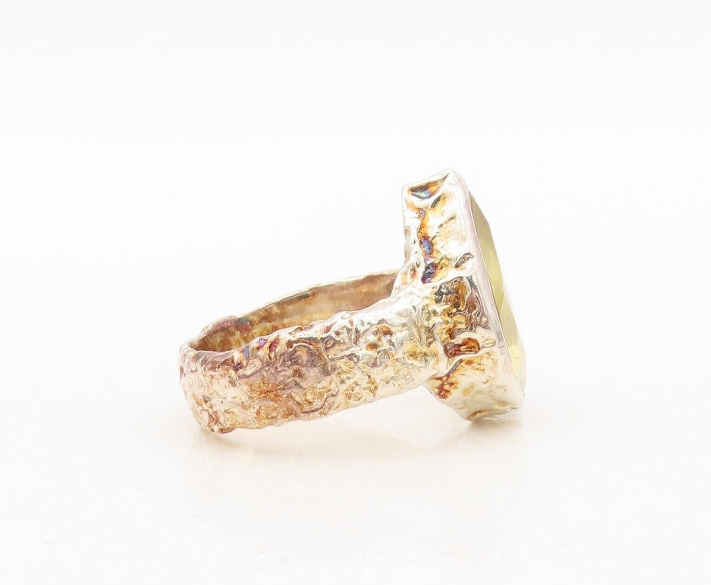 925 Sterling Silver Vintage Ring Hammered Effect Drop Cut Citrine  Sz 8  RG30433