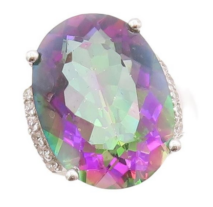 925 Sterling Silver Vintage Ring Large Oval Mystic Topaz  Sz 7  RG29257