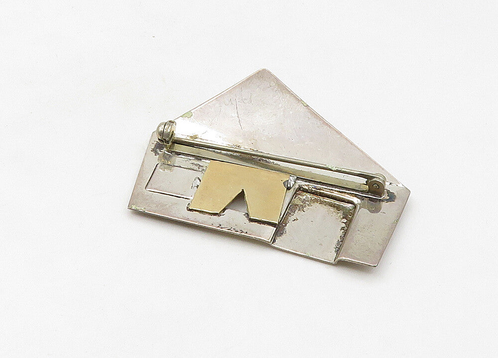 DESIGNER 925 Silver & 14K GOLD  Vintage Etched House Motif Brooch Pin  BP8433