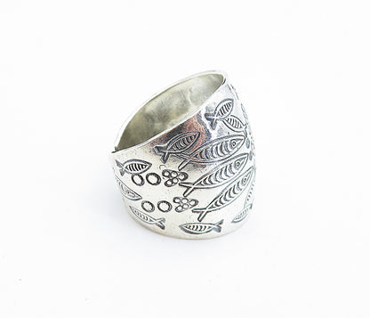 925 Sterling Silver  Shiny Etched Fish Pattern Wide Band Ring Sz 8.5  RG8085