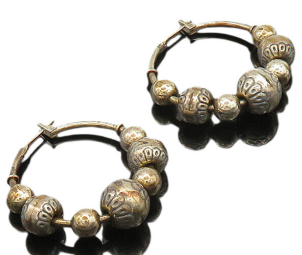 SOUTHWESTERN 925 Silver Vintage Dark Tone Floral Beaded Hoop Earrings EG10403