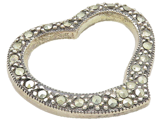 925 Sterling Silver  Vintage Shiny Marcasite Open Love Heart Pendant  PT13401