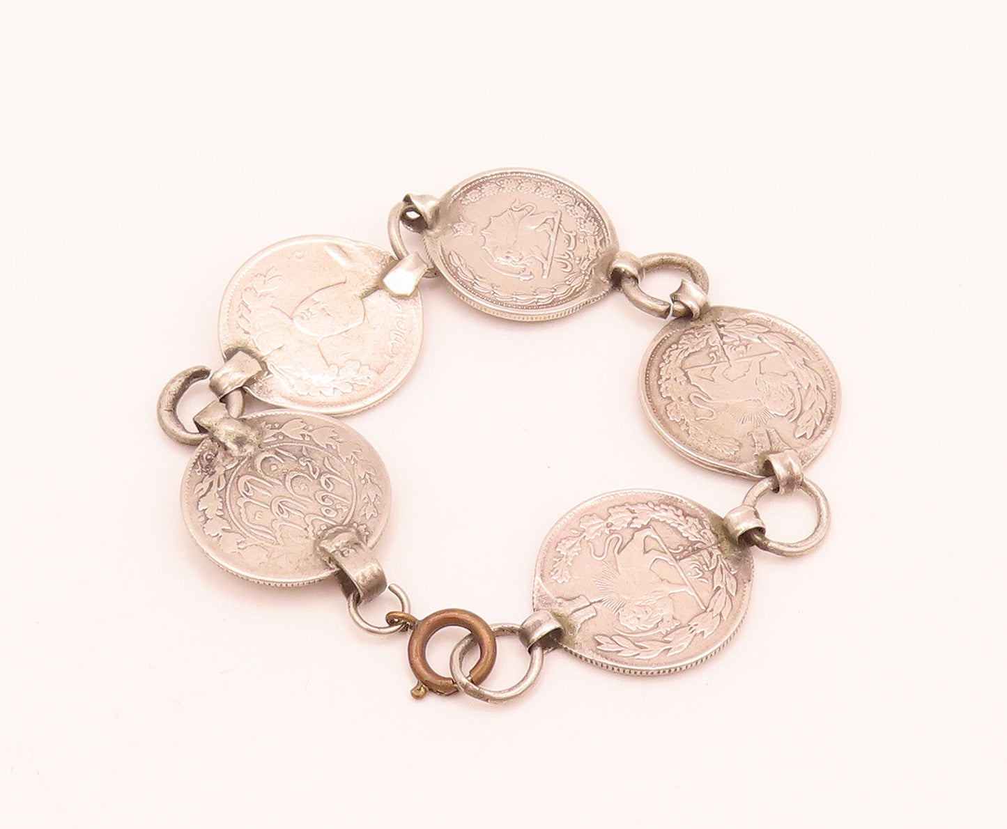 925 Sterling Silver  Vintage Solid Etched Arab Coin Link Bracelet  BT10016