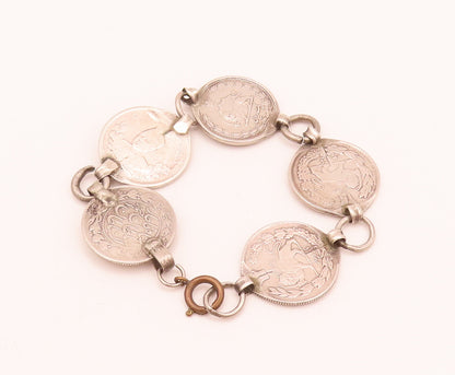 925 Sterling Silver  Vintage Solid Etched Arab Coin Link Bracelet  BT10016