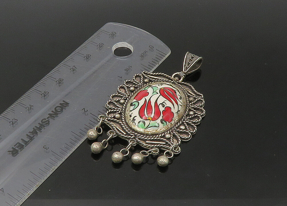 925 Sterling Silver  Vintage Enamel Floral Art Dangling Twist Pendant  PT18404