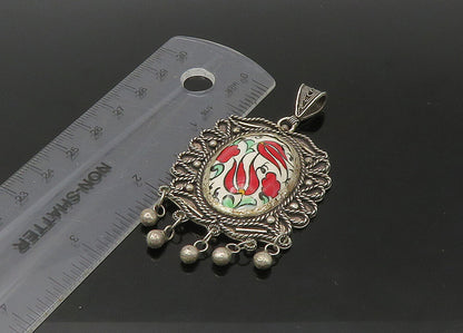 925 Sterling Silver  Vintage Enamel Floral Art Dangling Twist Pendant  PT18404