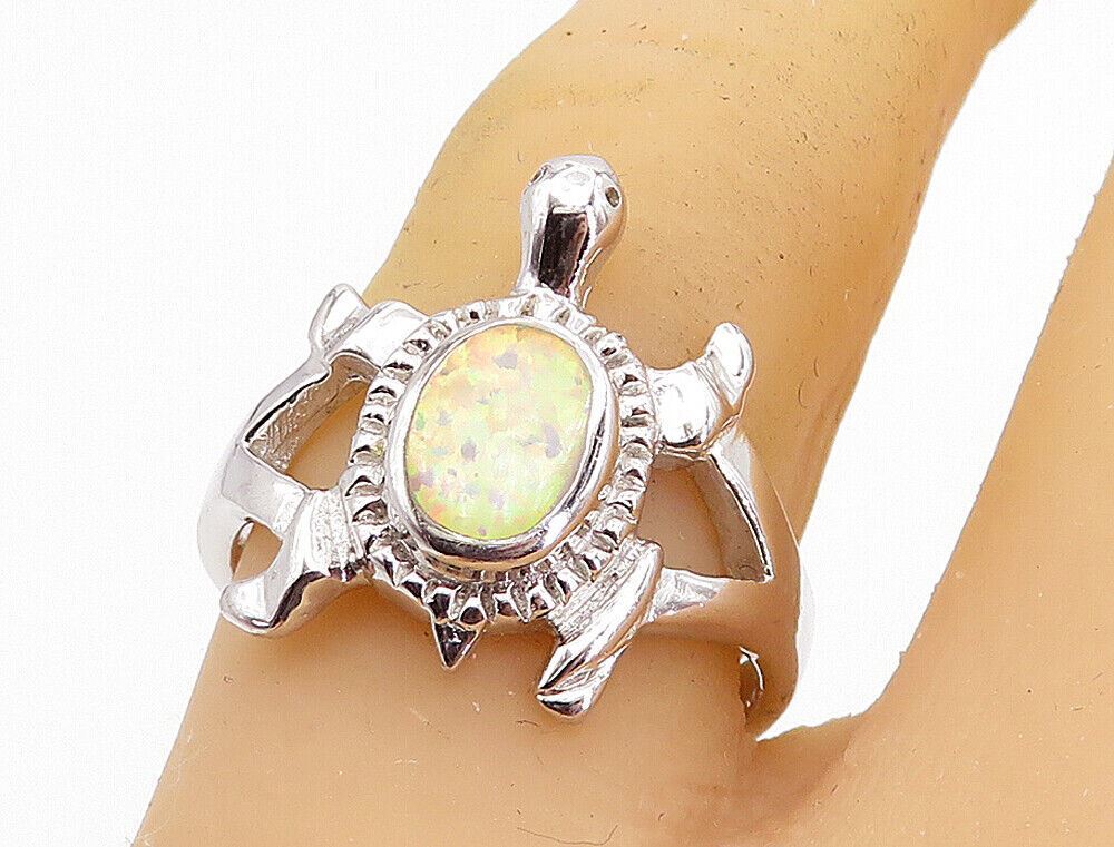 925 Sterling Silver  Fire Opal Turtle Motif Shiny Band Ring Sz 7.5  RG8226