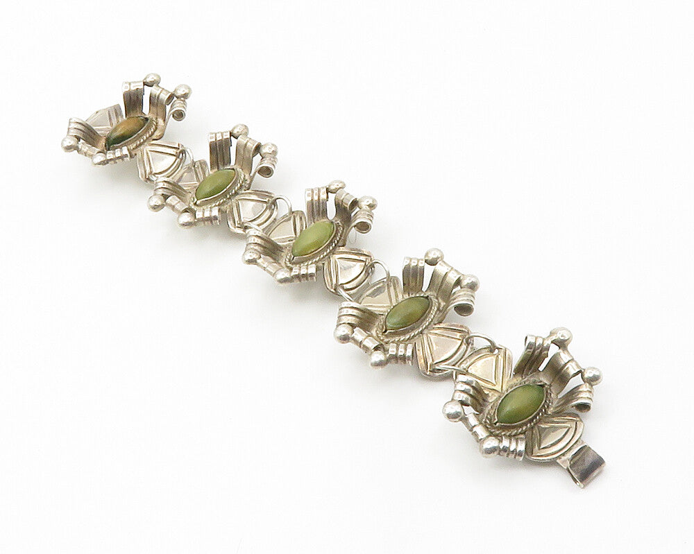 MEXICO 925 Silver  Vintage Jasper Floral Motif Sculpted Chain Bracelet  BT5517