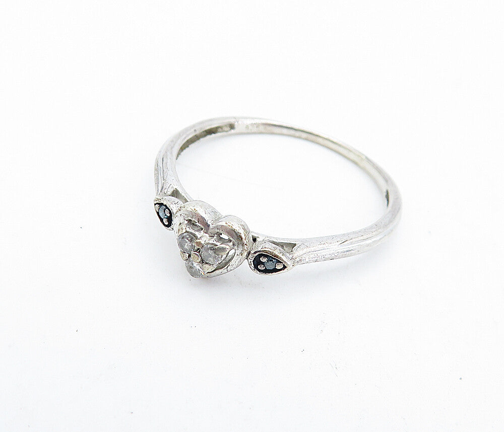 925 Silver  Vintage Genuine Black & White Diamonds Heart Band Ring Sz 8 RG4211