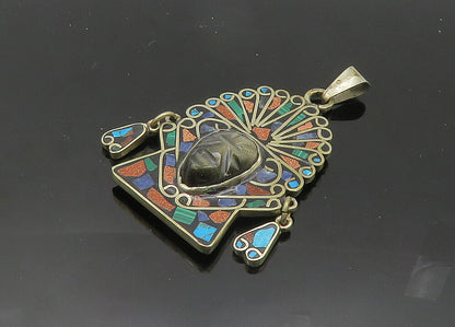 MEXICO 925 Silver Vintage Face Carved Obsidian & Multi Stone Pendant PT16768