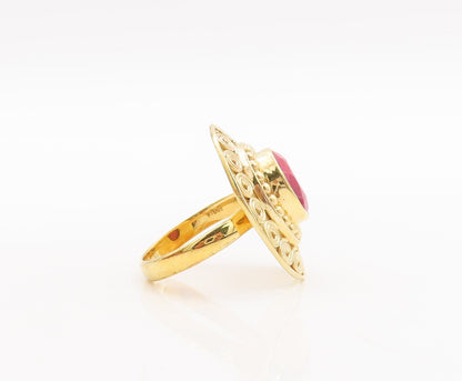 925 Sterling Silver Vintage Ring Gold Plated Spiral Carved Red Gem Sz 10 RG29202