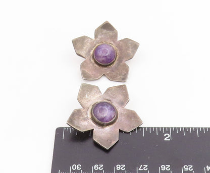 925 Sterling Silver Vintage Earrings MEXICO Cabochon Amethyst Flower  EG14093