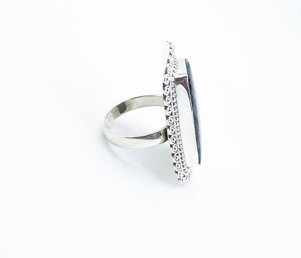 925 Sterling Silver  Brown & Blue Jasper Shiny Cocktail Ring Sz 8.5  RG8200