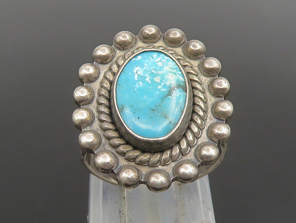 SOUTHWESTERN 925 Silver Vintage Beaded Border Turquoise Ring Sz 5 RG24678