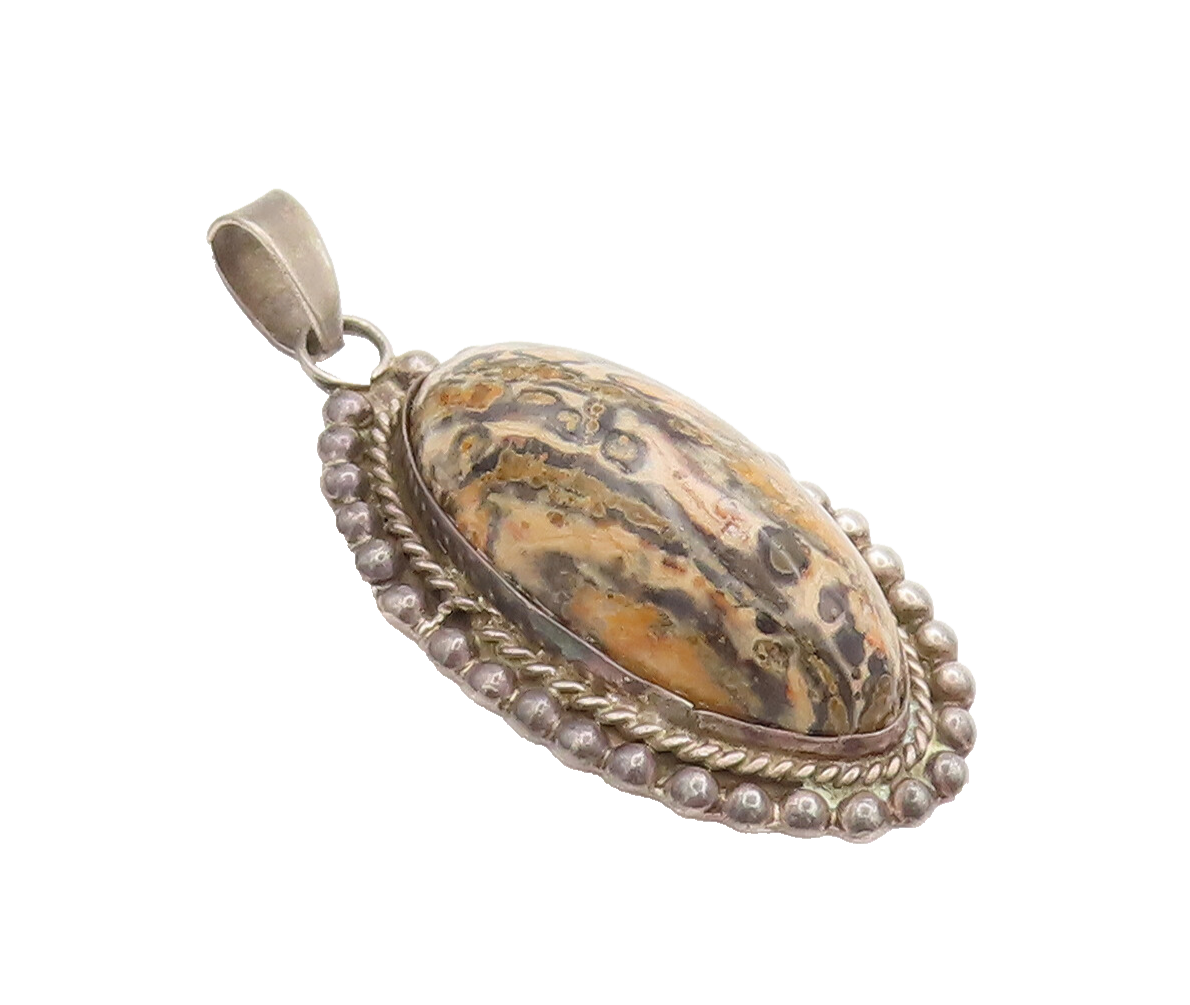 925 Sterling Silver Vintage Pendant MEXICO Oval Jasper Halo Beaded Roped PT22433