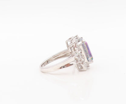 925 Sterling Silver Vintage Ring Mystic Topaz Floral Carved CZ  Sz 7.5  RG30232
