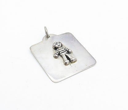 925 Sterling Silver  Vintage Small Child Raised Detail Square Pendant  PT3503