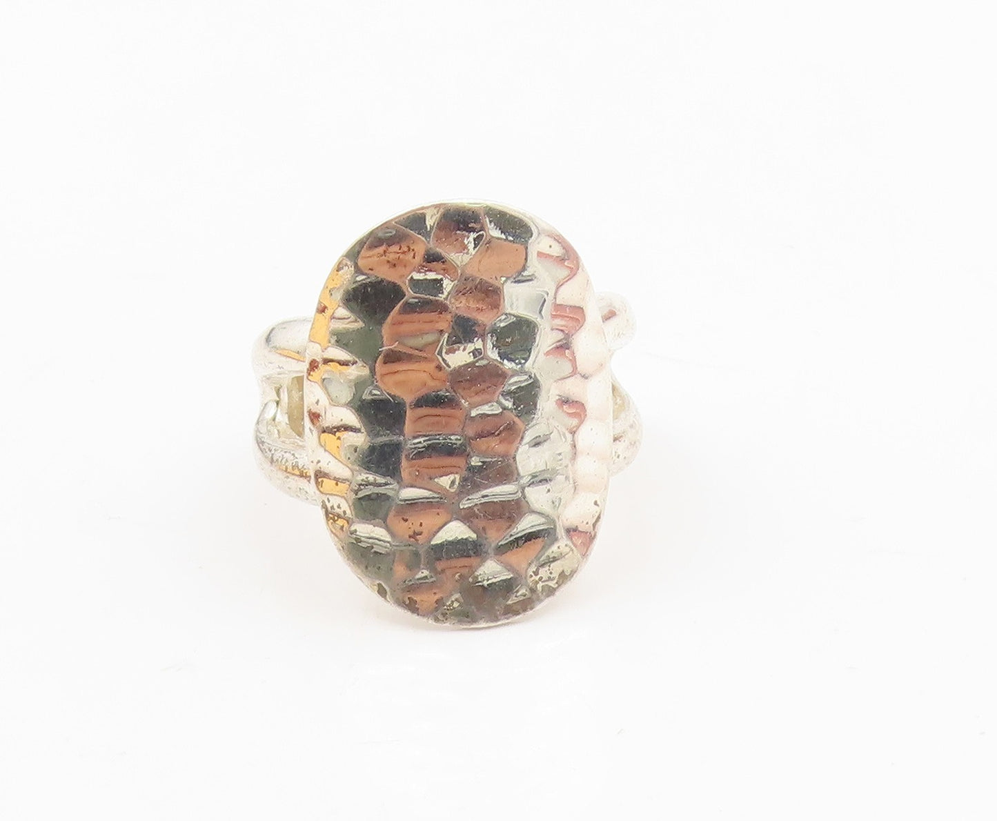 925 Sterling Silver Vintage Ring Large Oval Hammered Effect  Sz 7.5  RG31343