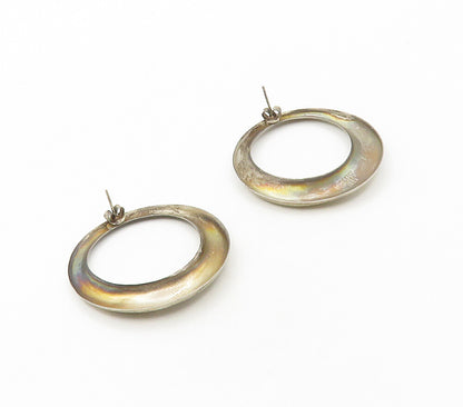 MEXICO 925 Sterling Silver  Vintage Dark Tone Open Circle Drop Earrings EG8500