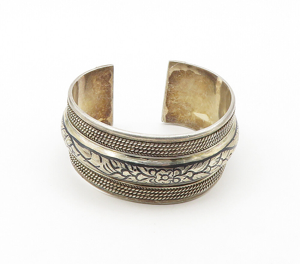 925 Sterling Silver  Vintage Floral Pattern Wide Twist Cuff Bracelet  BT6245